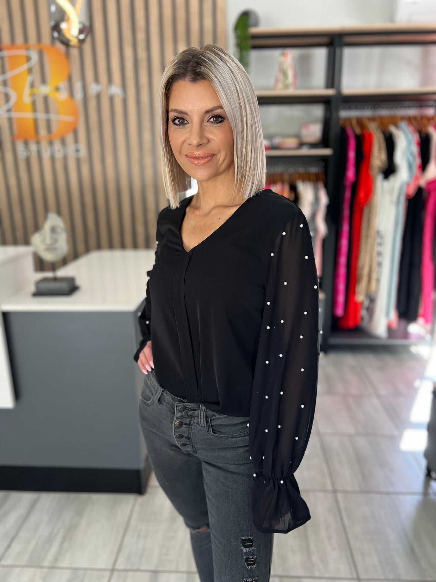Black Mesh Pearls Long Sleeve Blouse