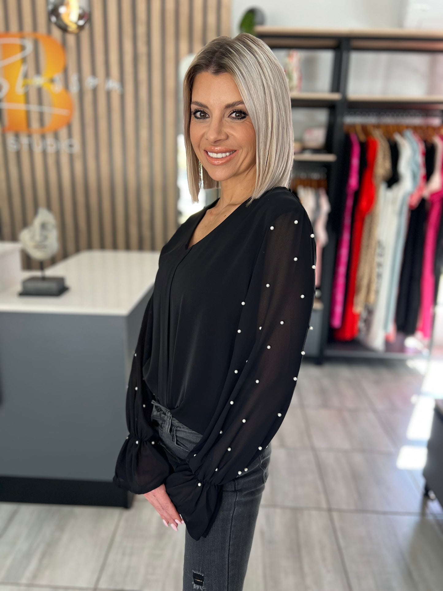 Black Mesh Pearls Long Sleeve Blouse