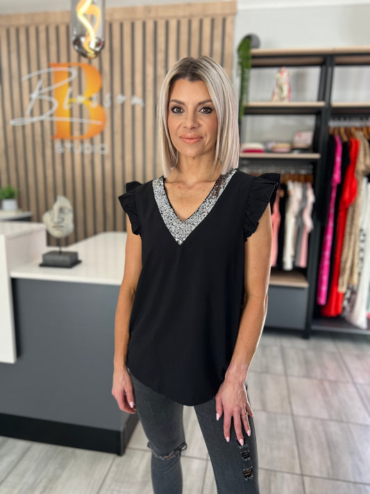 Black V-Neck Sequins Blouse