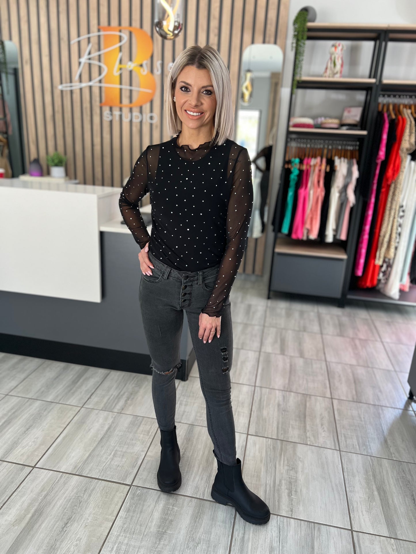Sparkle Mesh Long Sleeve Top