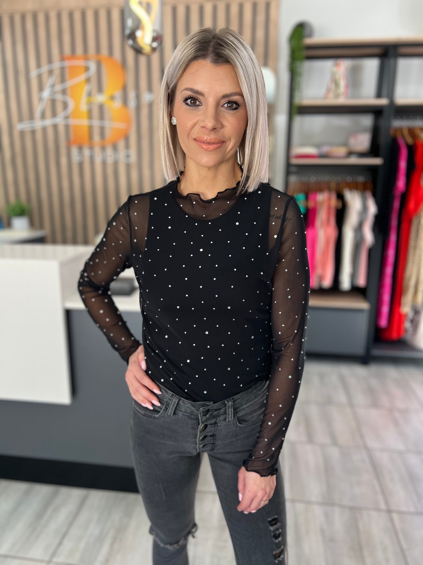 Sparkle Mesh Long Sleeve Top