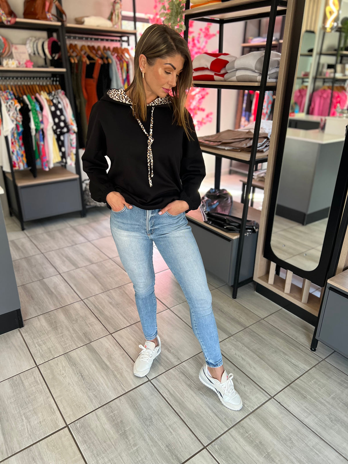 Sienna Leopard Drawstring Black Hoodie