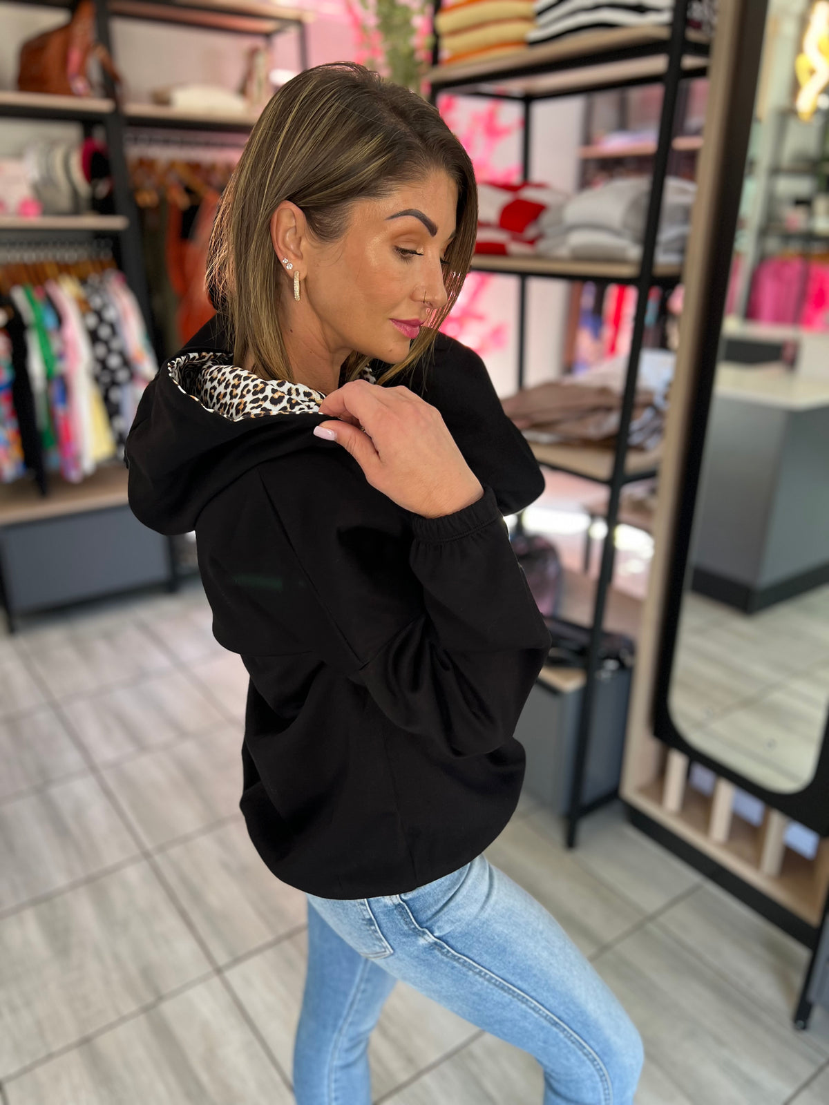 Sienna Leopard Drawstring Black Hoodie