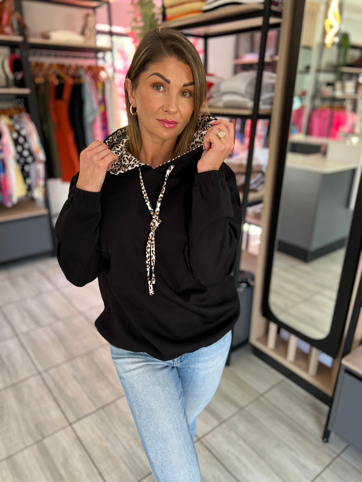 Sienna Leopard Drawstring Black Hoodie