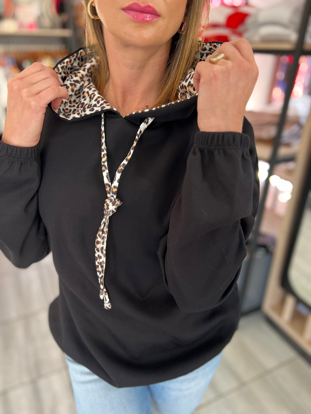 Sienna Leopard Drawstring Black Hoodie
