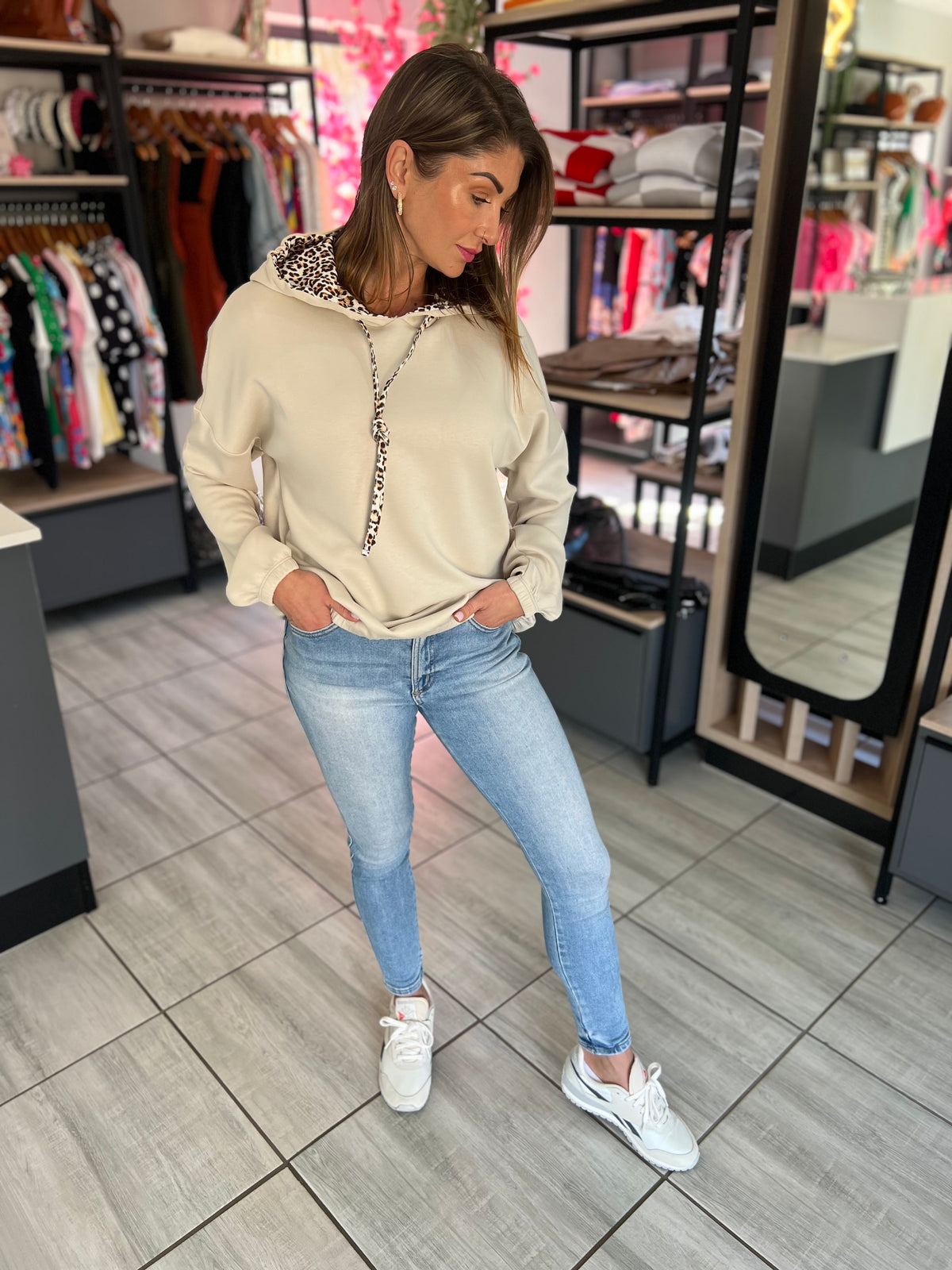 Sienna Leopard Drawstring Soft Beige Hoodie
