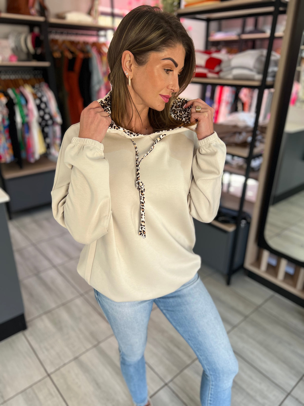 Sienna Leopard Drawstring Soft Beige Hoodie