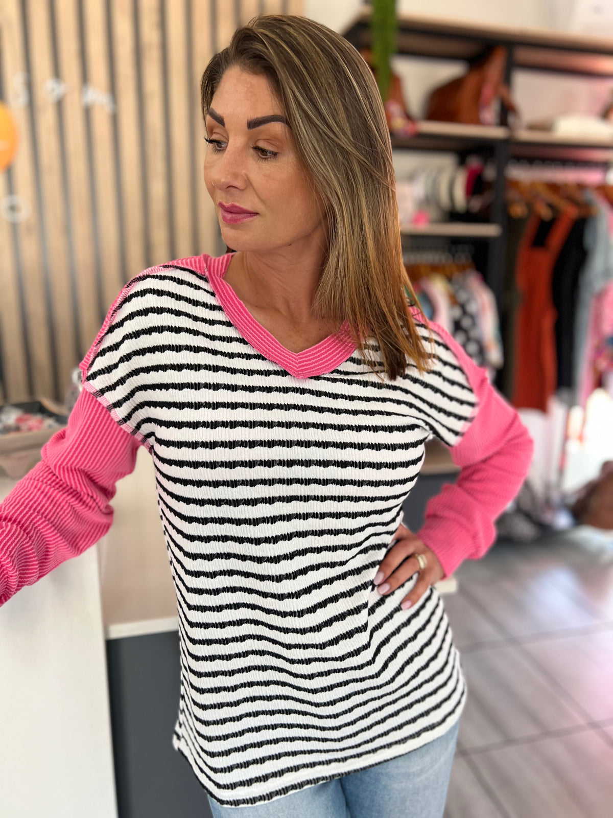 Sweet Escape Stripe Textured Long Sleeve Top