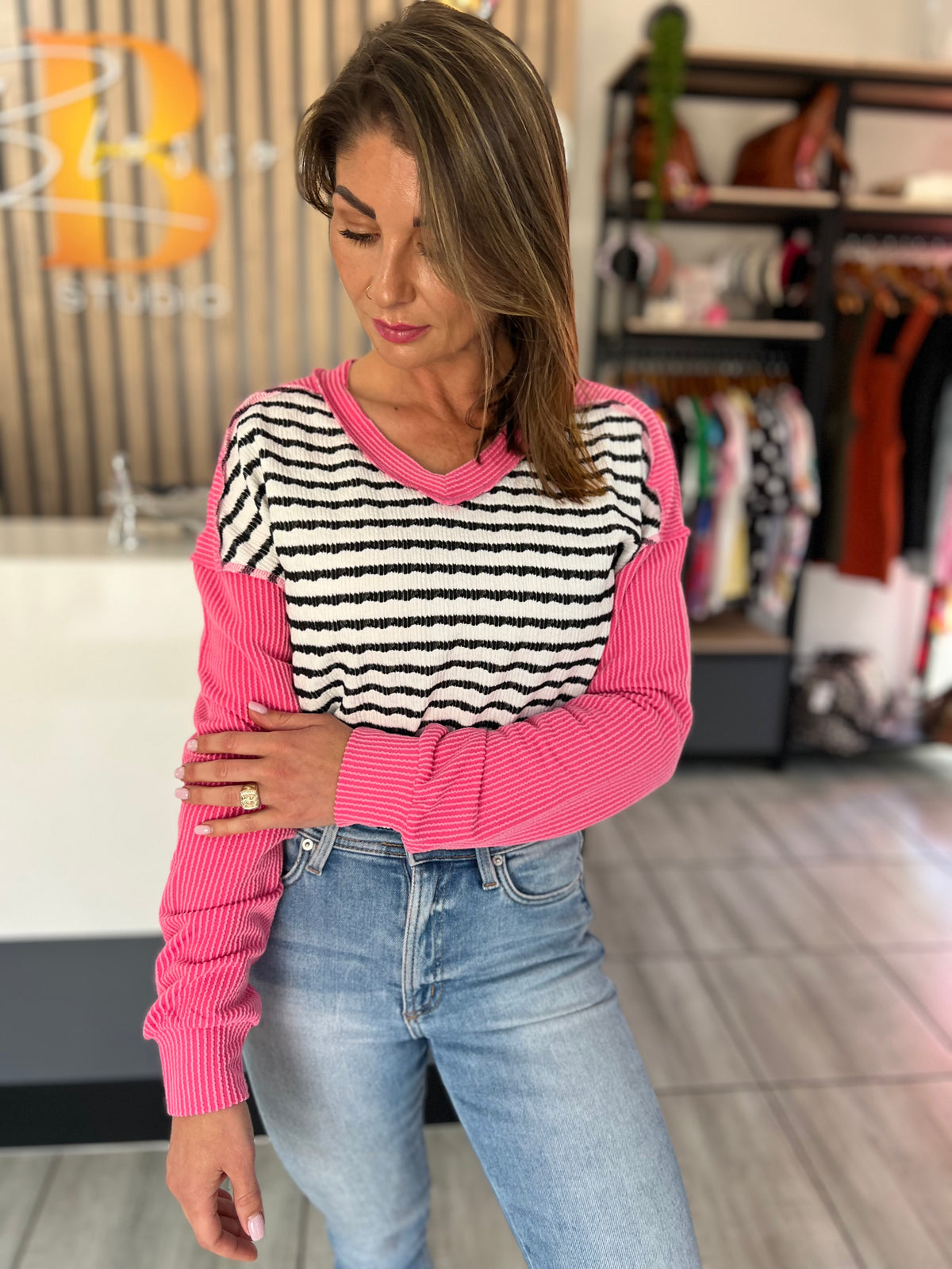 Sweet Escape Stripe Textured Long Sleeve Top