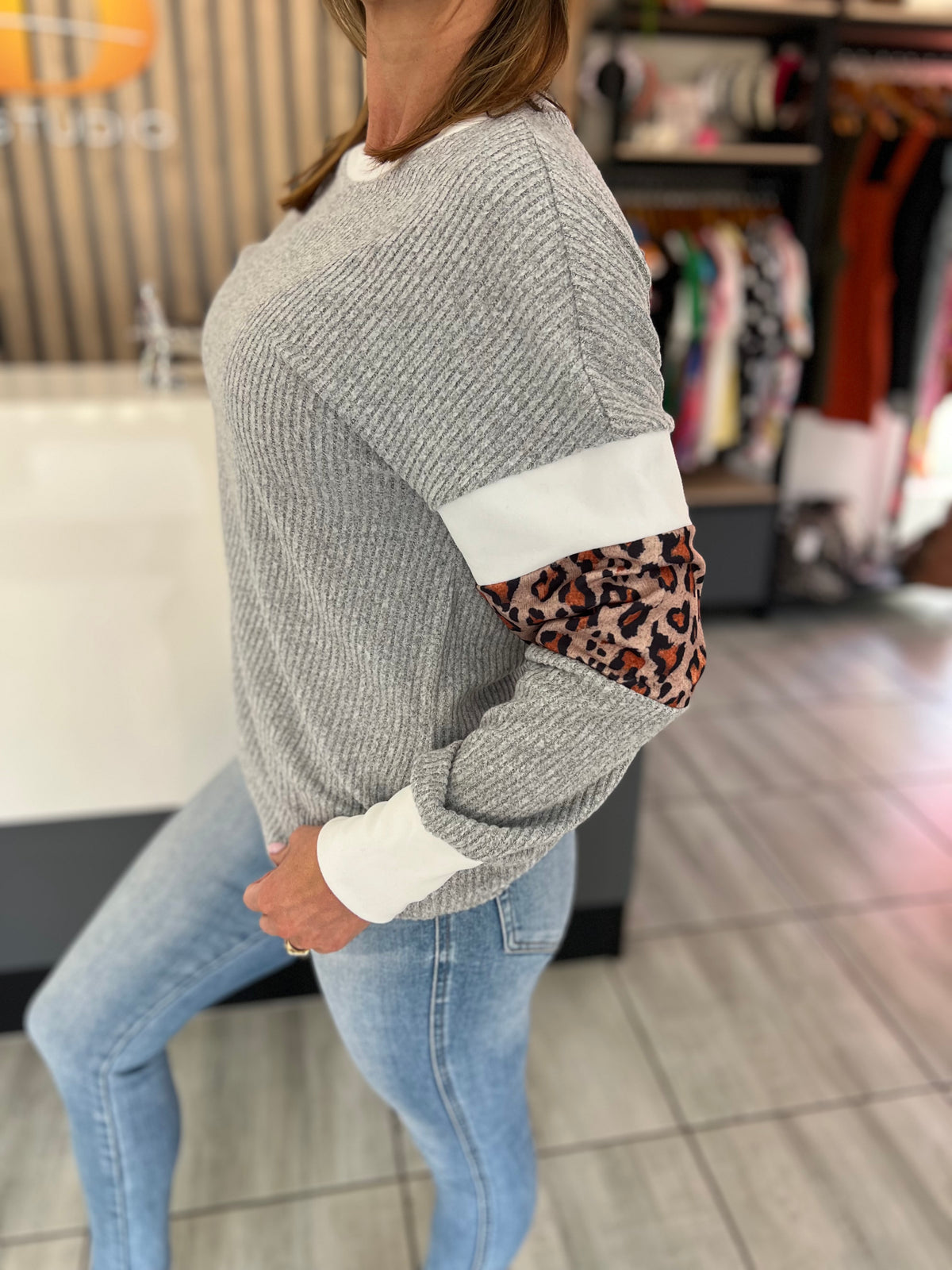 Heather Grey Leopard Print Ribbed Knit Top