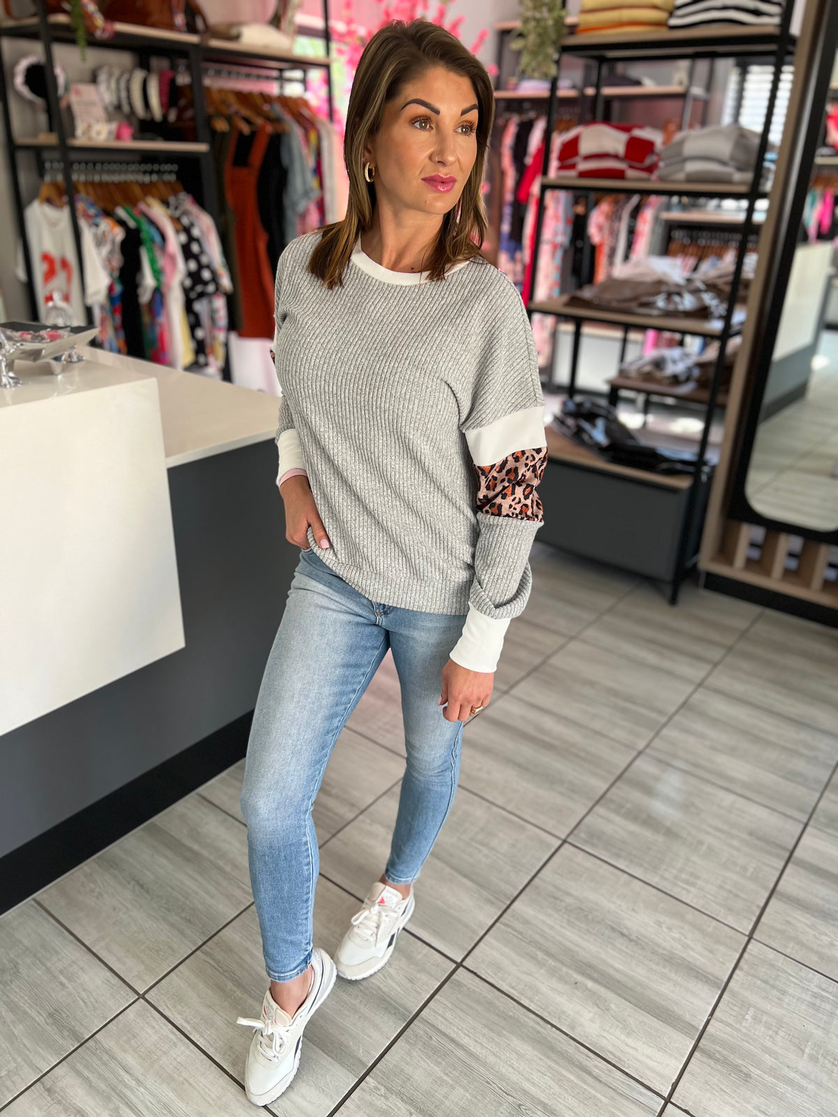Heather Grey Leopard Print Ribbed Knit Top