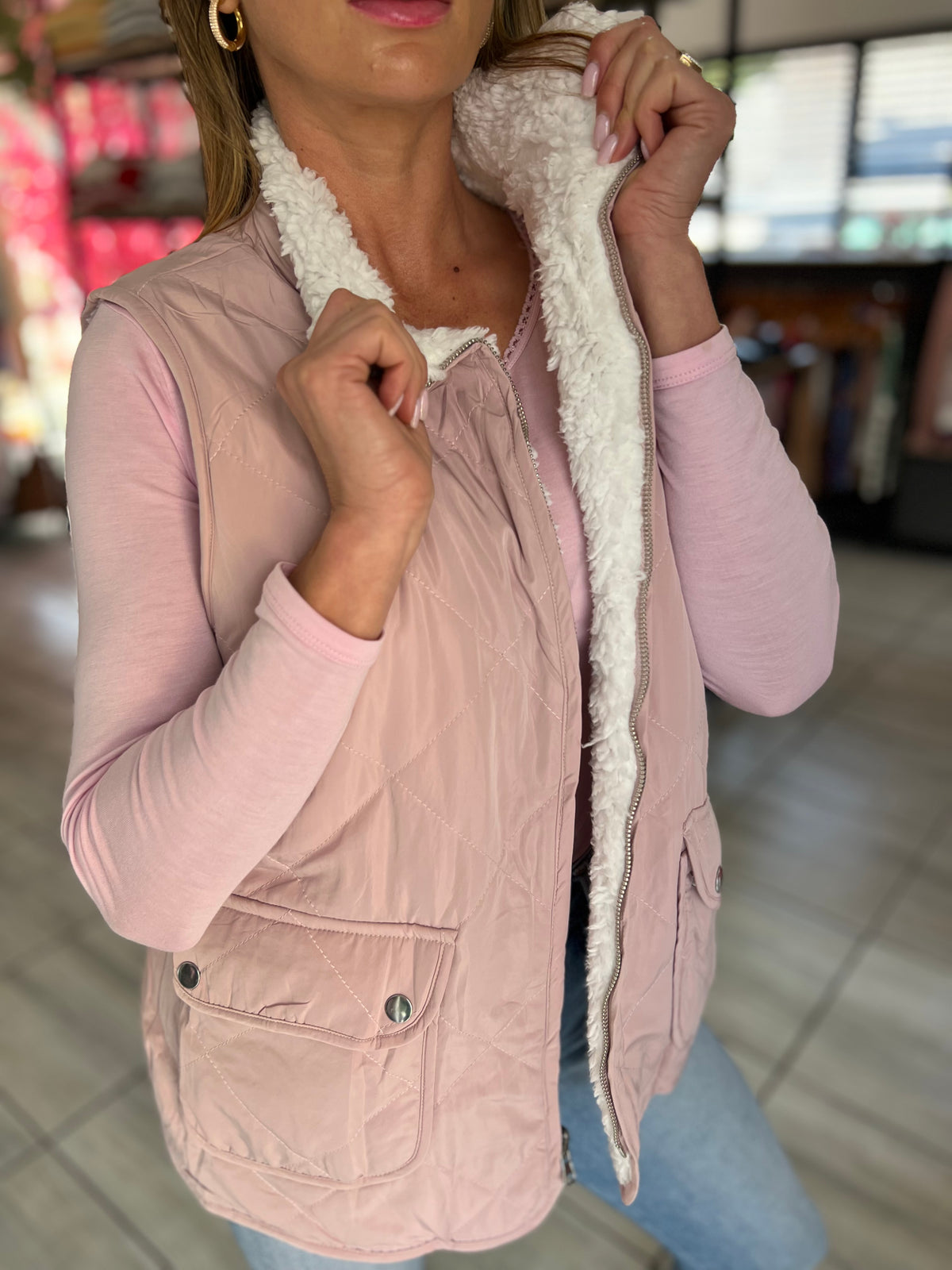 Snow Kiss Lined Quilted Pink Vest
