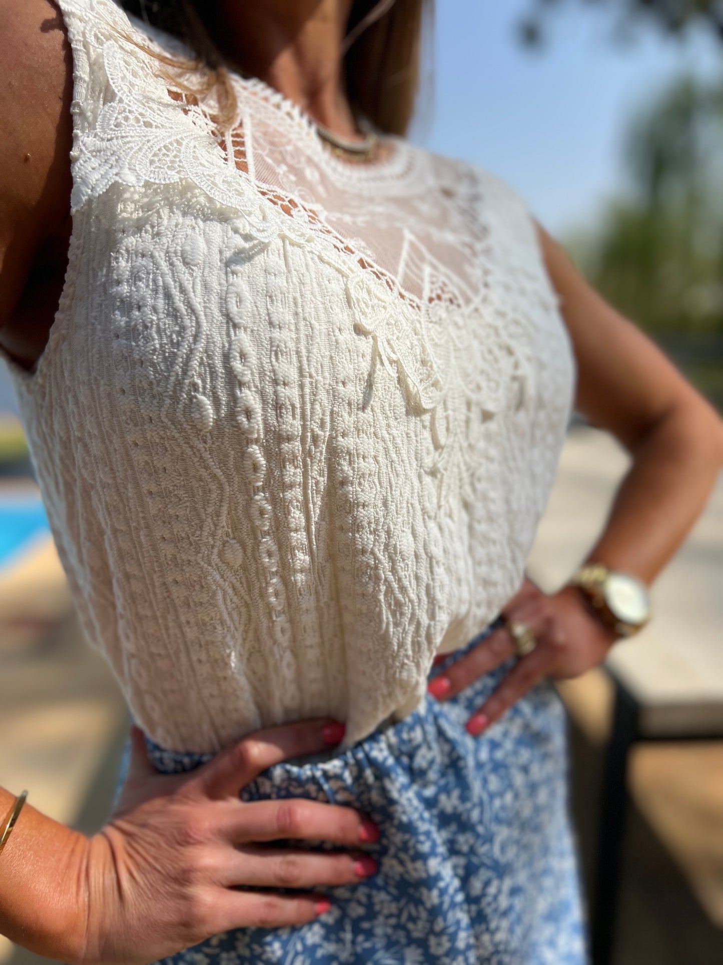 Off-White Lace Crocket Sleeveless Top