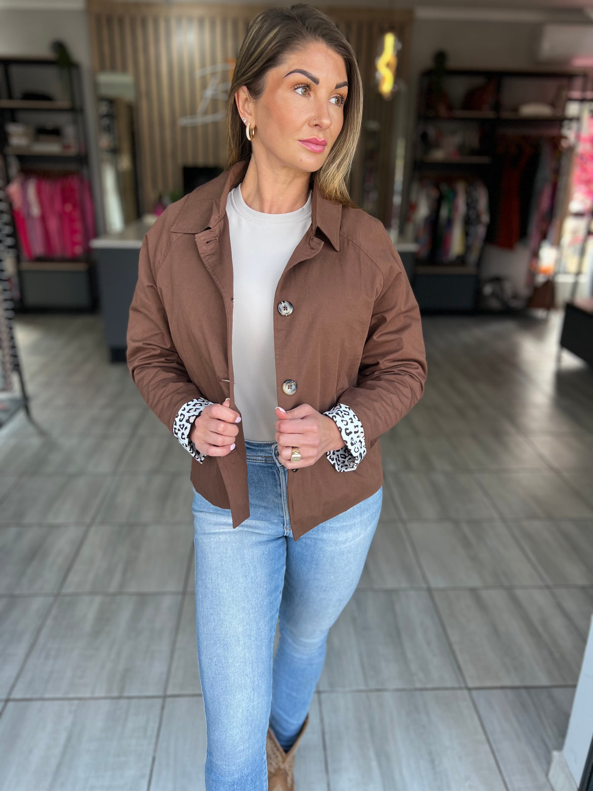 Mocha Muse Collared Leopard Lining Jacket