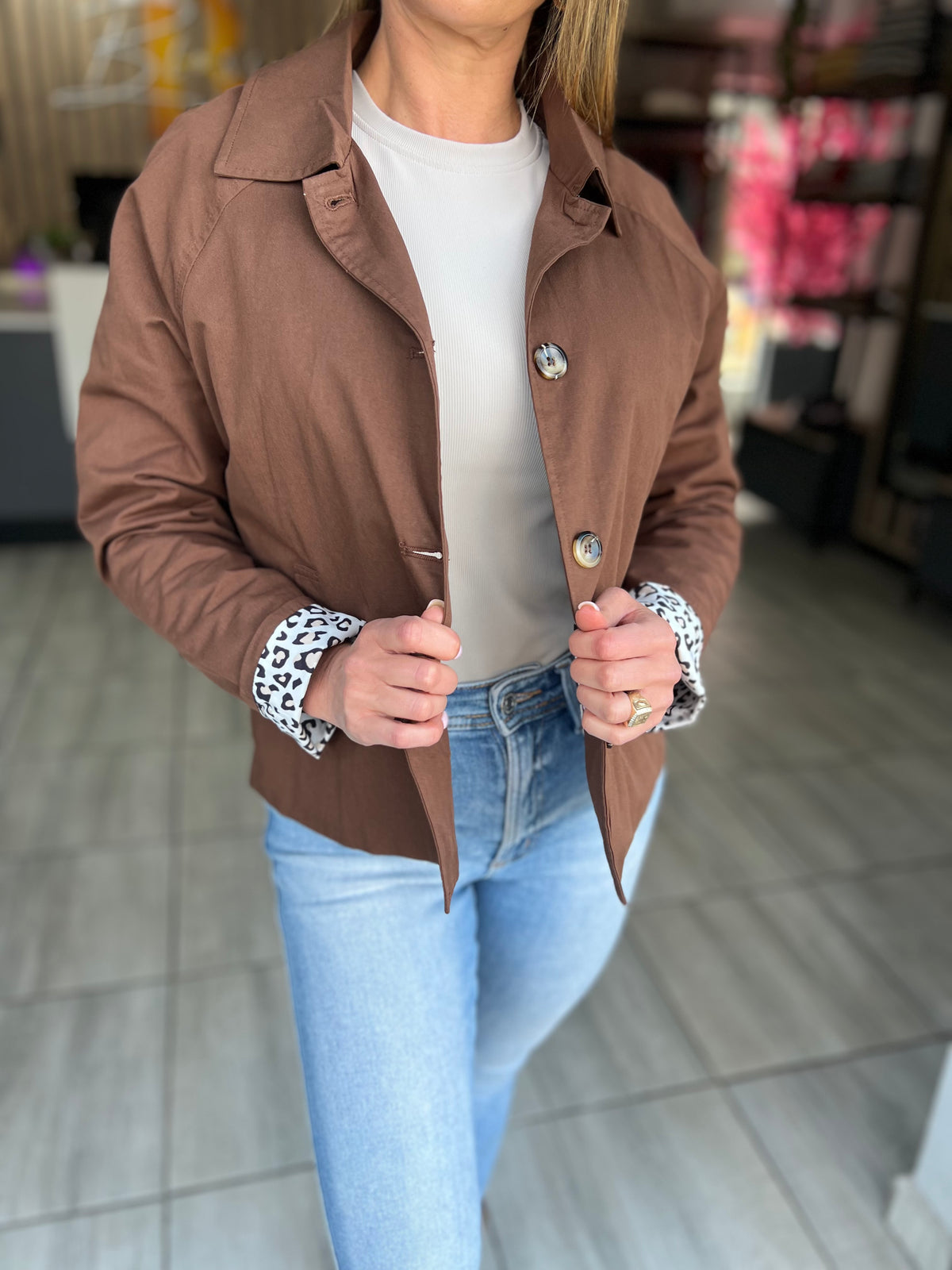 Mocha Muse Collared Leopard Lining Jacket