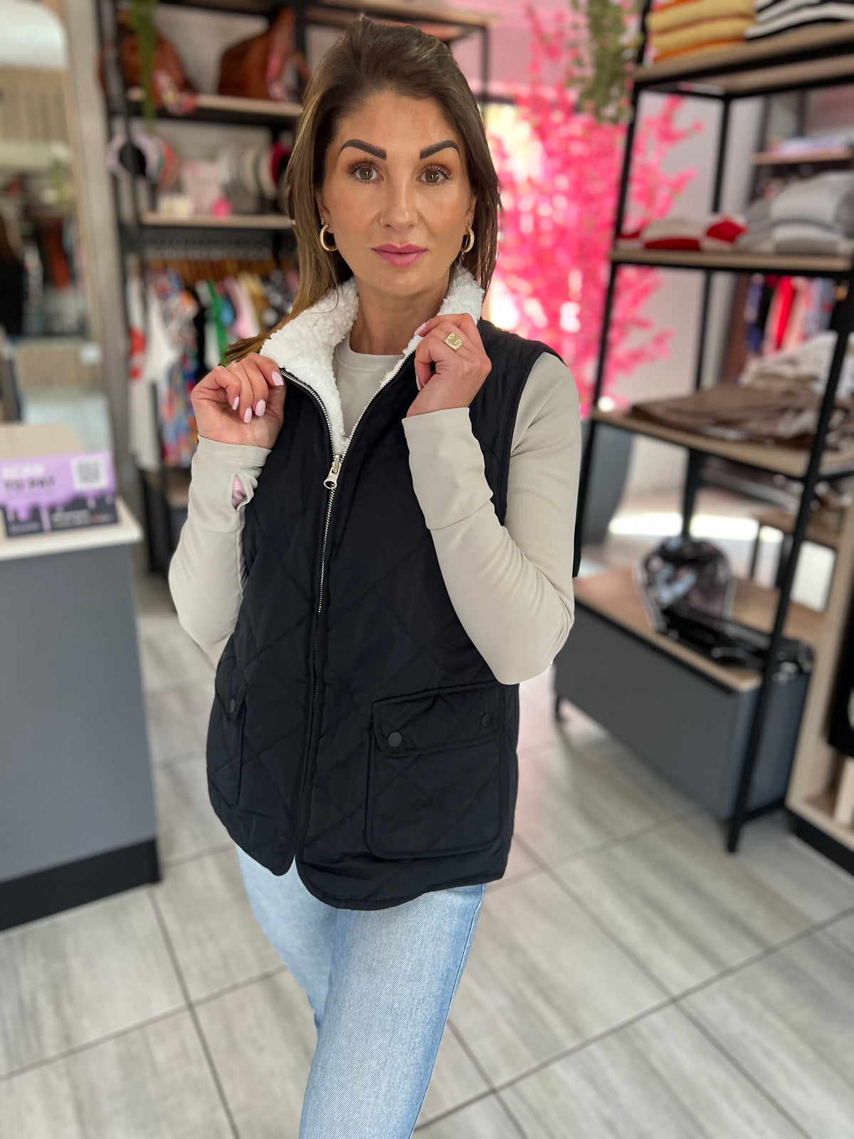 Cozy Cabin Fleece Lined Quilted Black Vest
