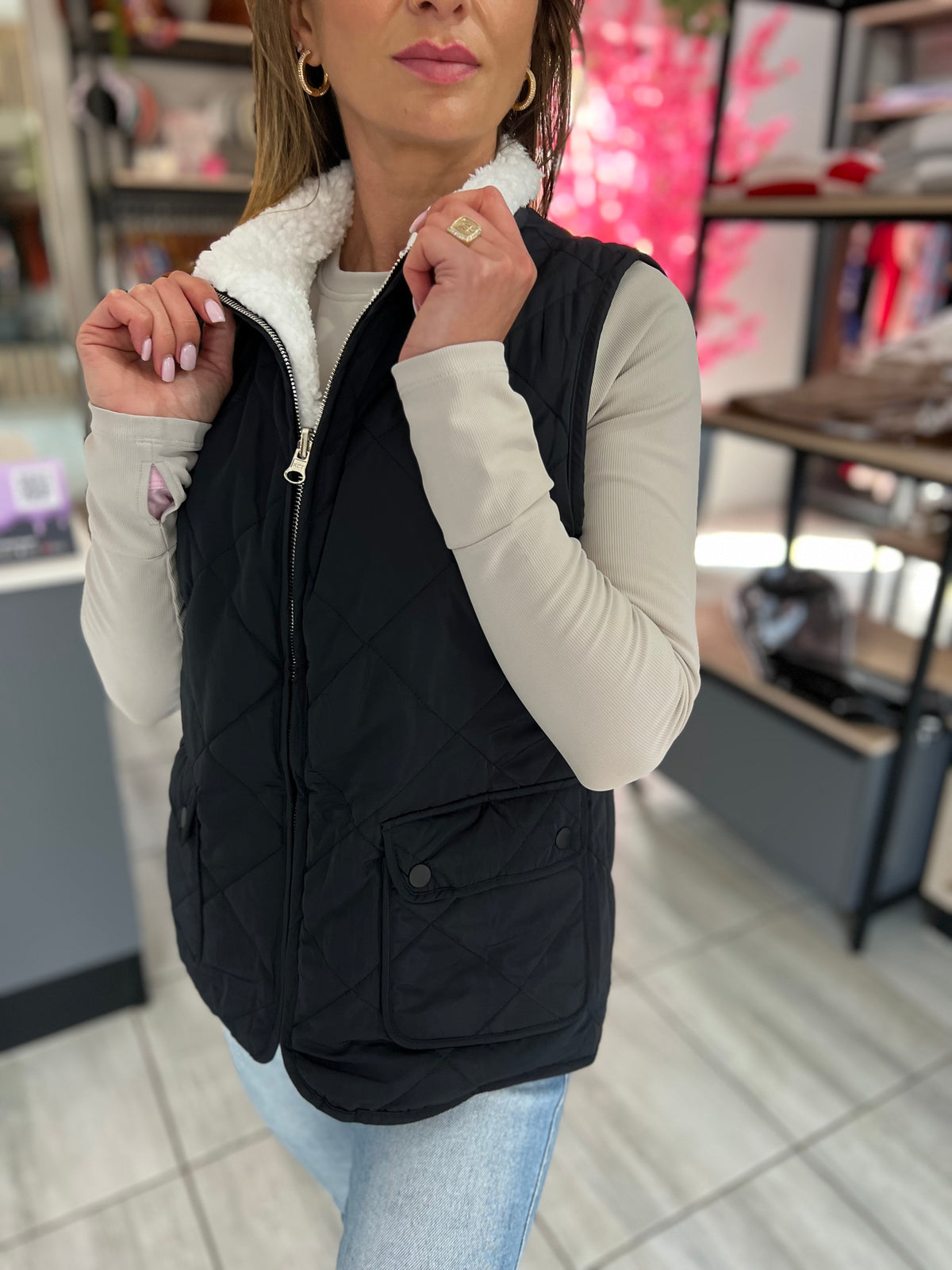 Cozy Cabin Fleece Lined Quilted Black Vest