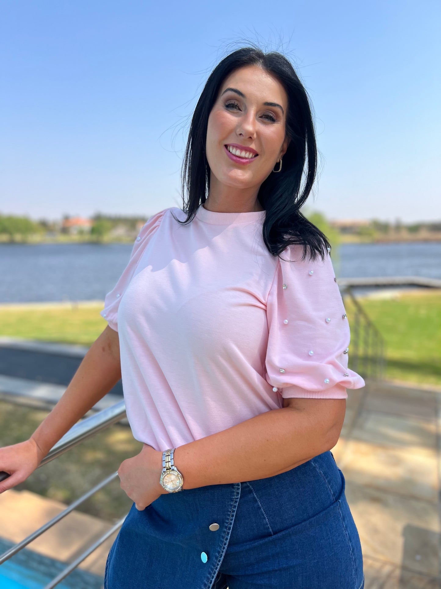 Pink Rhinestone Pearl Half Sleeve Top