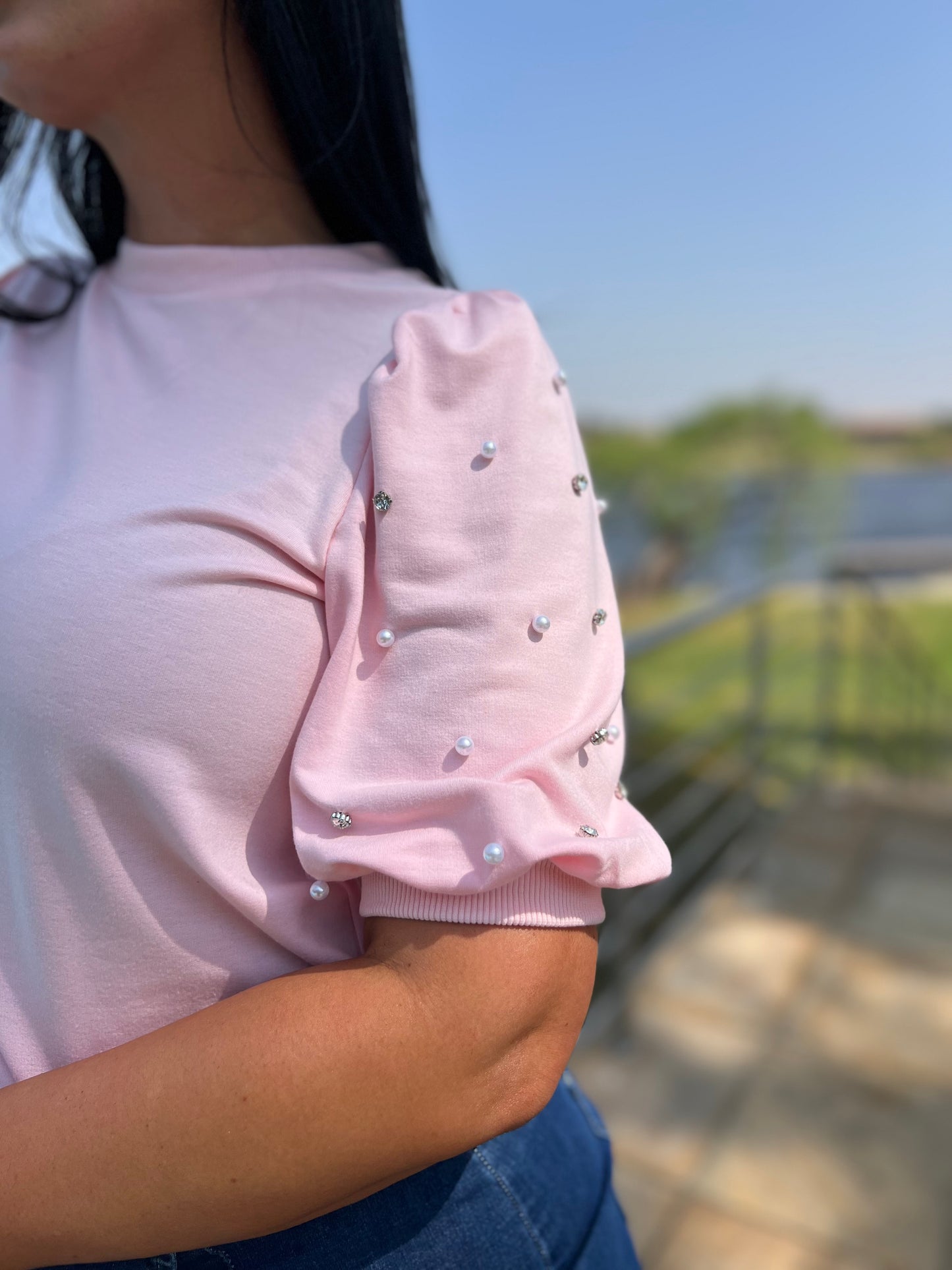 Pink Rhinestone Pearl Half Sleeve Top