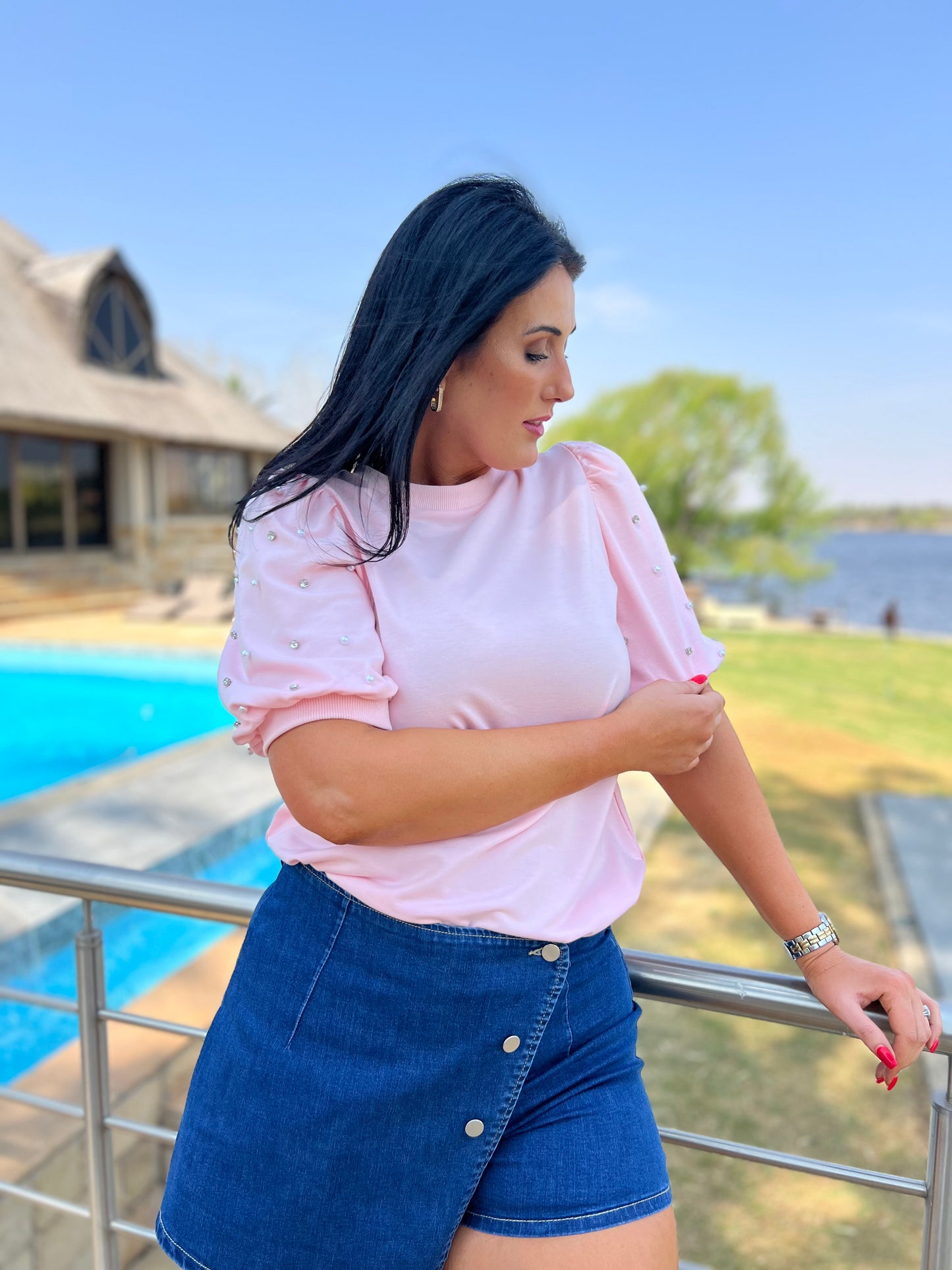 Pink Rhinestone Pearl Half Sleeve Top