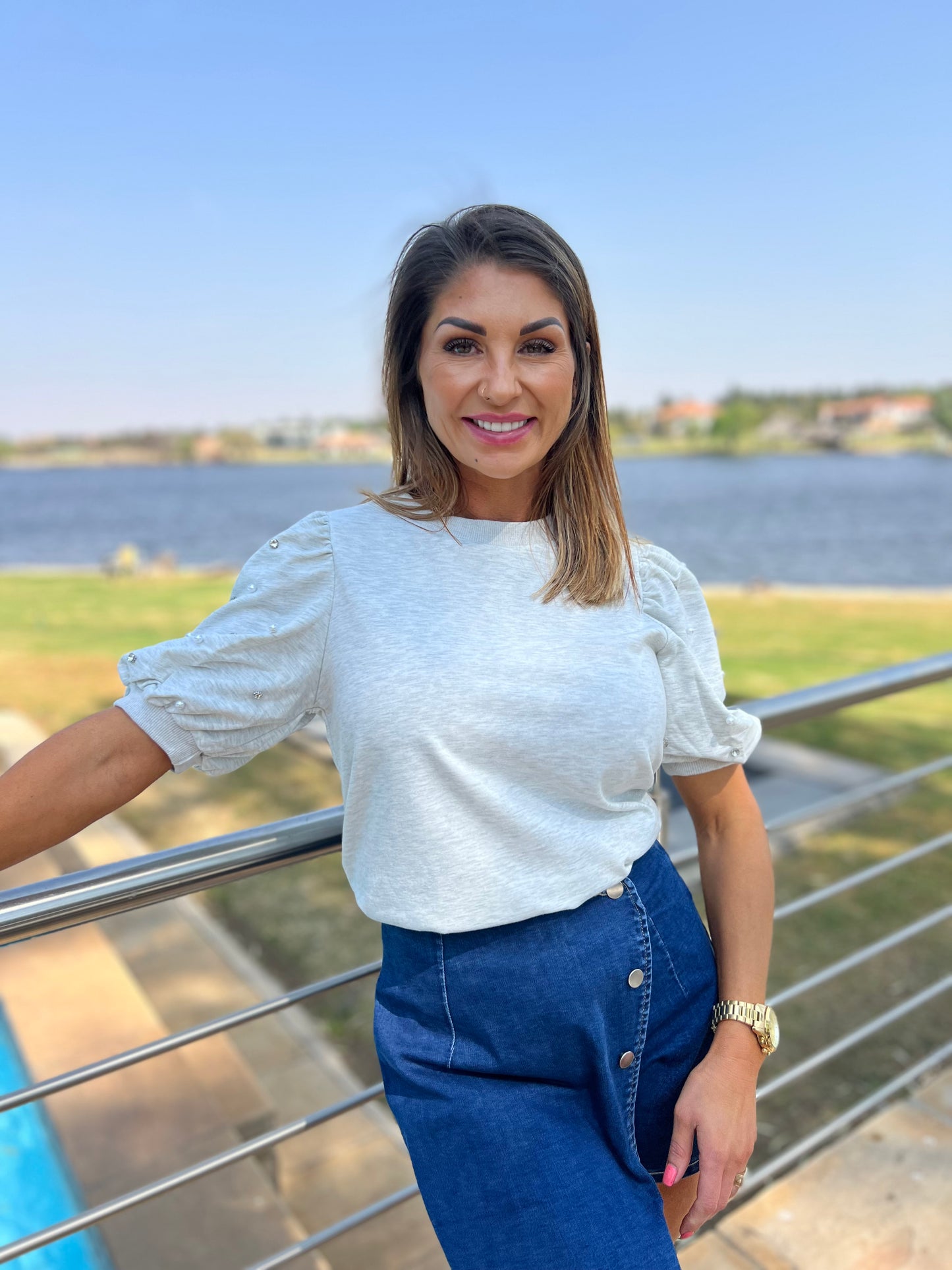 Light Grey Rhinestone Pearl Half Sleeve Top