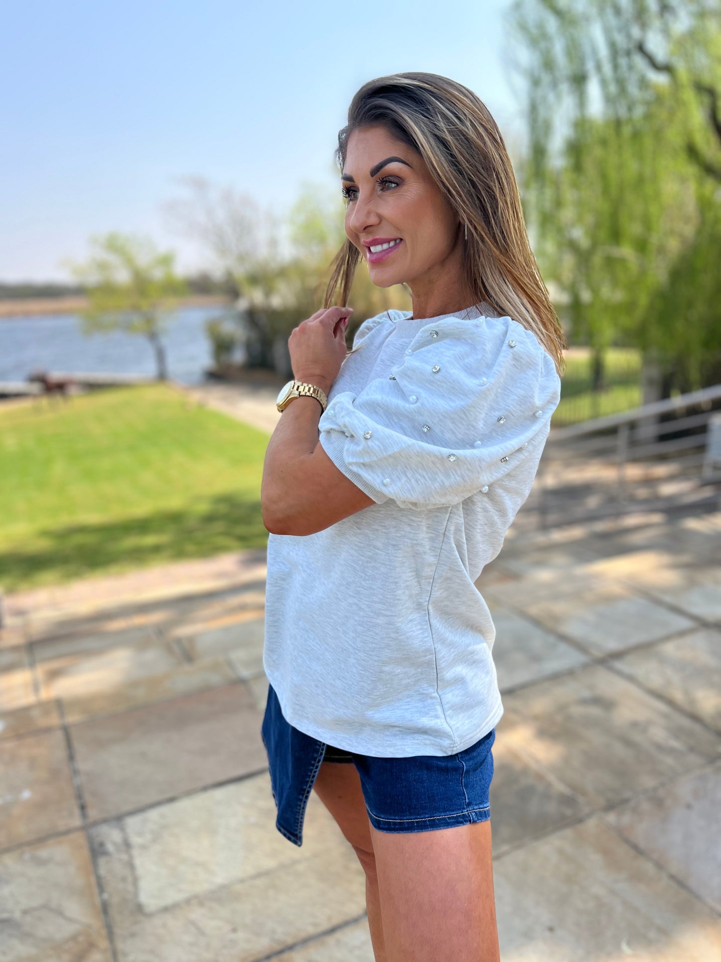 Light Grey Rhinestone Pearl Half Sleeve Top