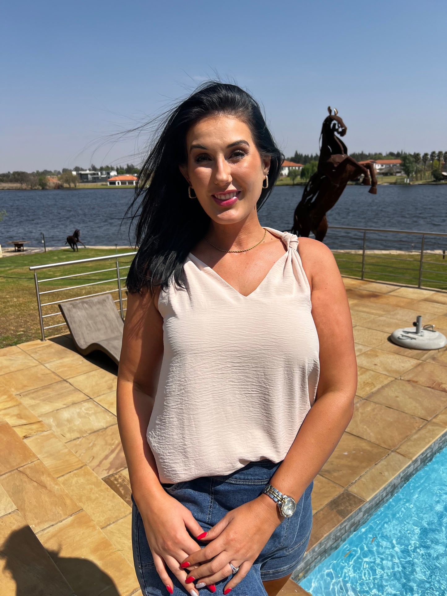 Cream Knotted Shoulder V-Neck Sleeveless Top