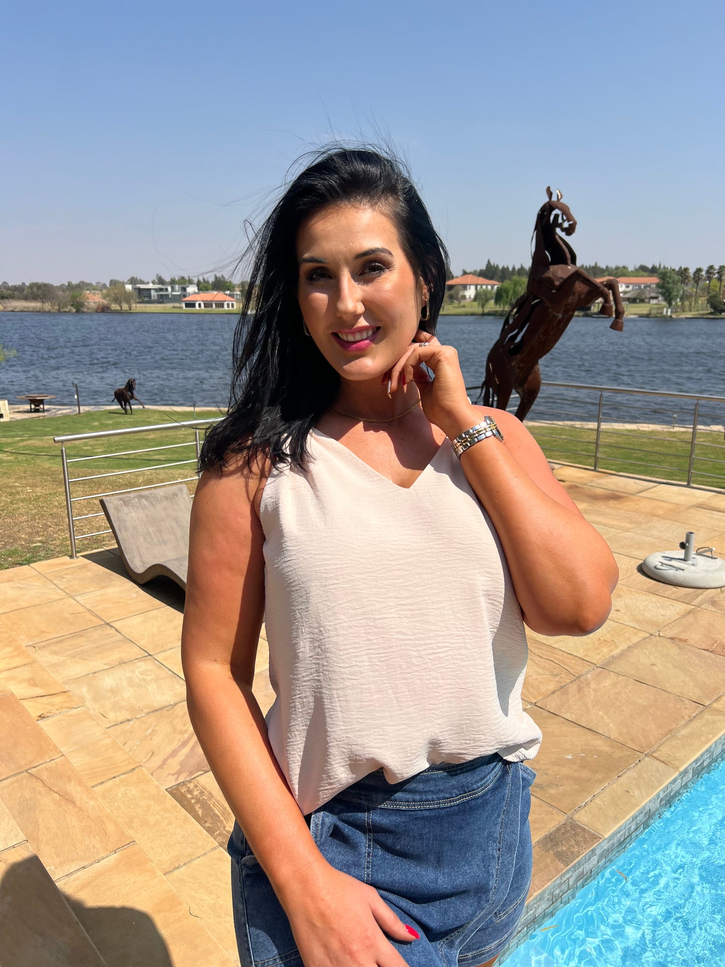 Cream Knotted Shoulder V-Neck Sleeveless Top