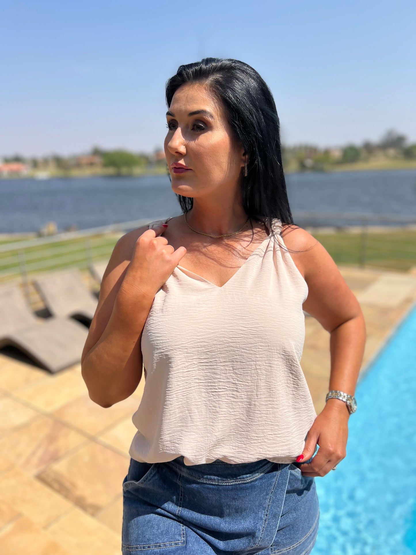 Cream Knotted Shoulder V-Neck Sleeveless Top