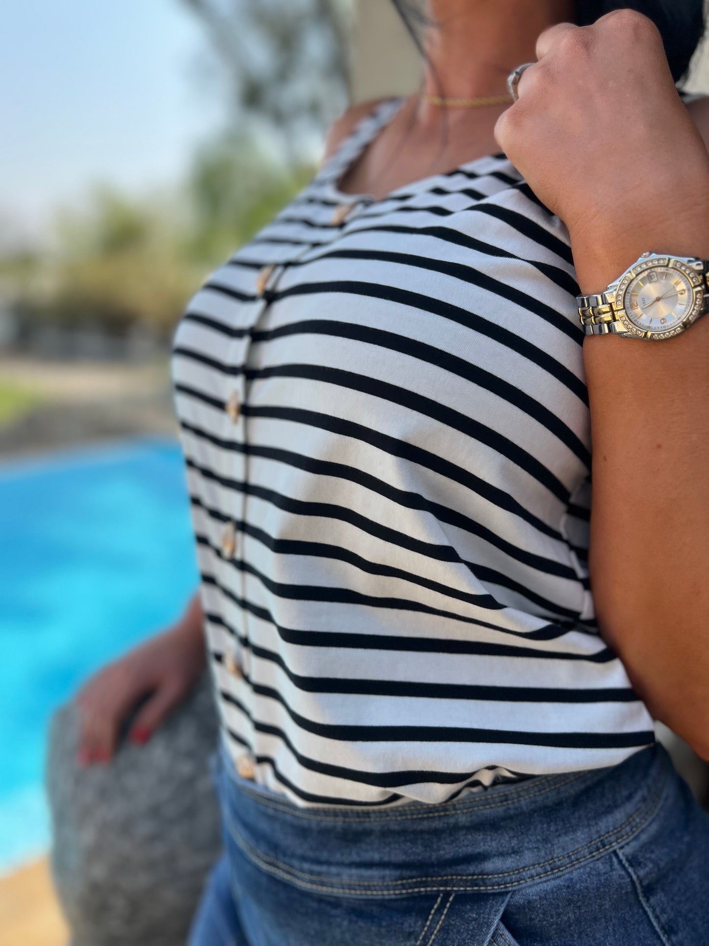 Striped U-Neck Gold Button Sleeveless Top