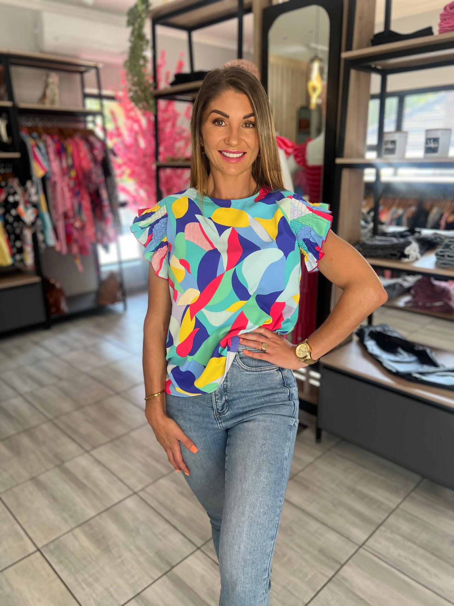 Evelyn Abstract Ruffle Sleeve Blouse