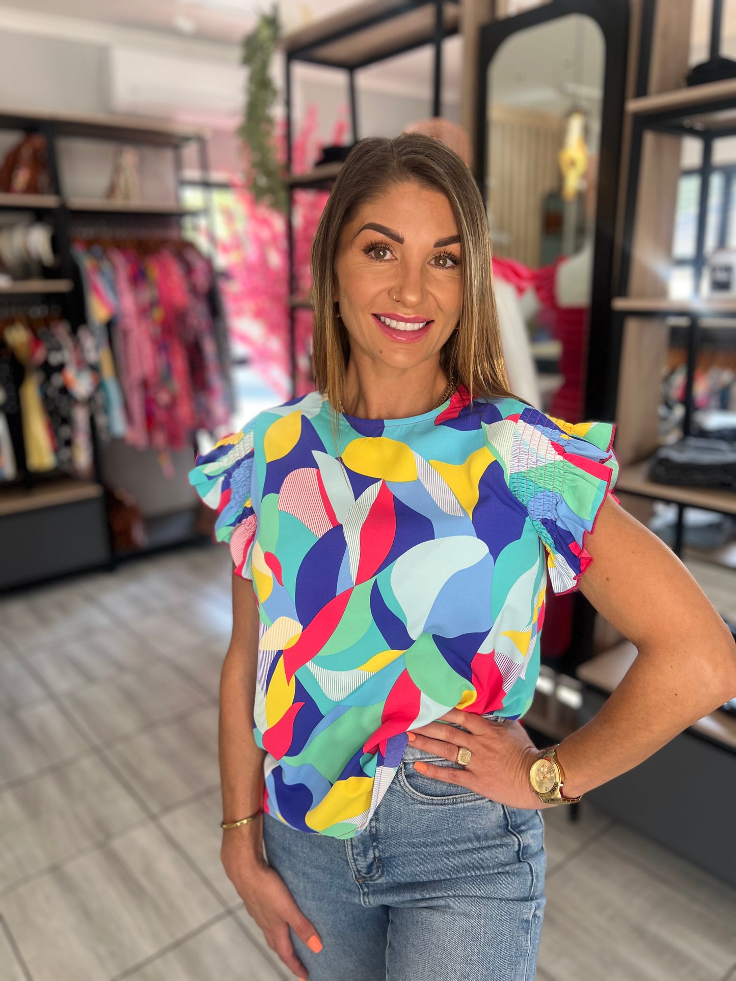 Evelyn Abstract Ruffle Sleeve Blouse