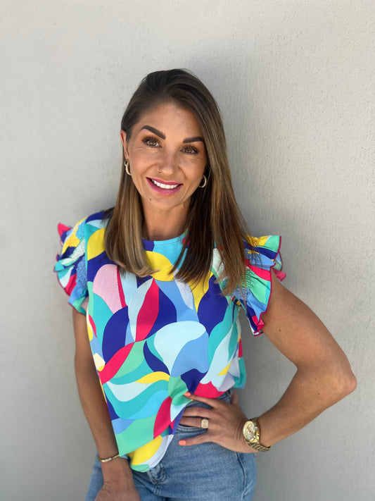Evelyn Abstract Ruffle Sleeve Blouse