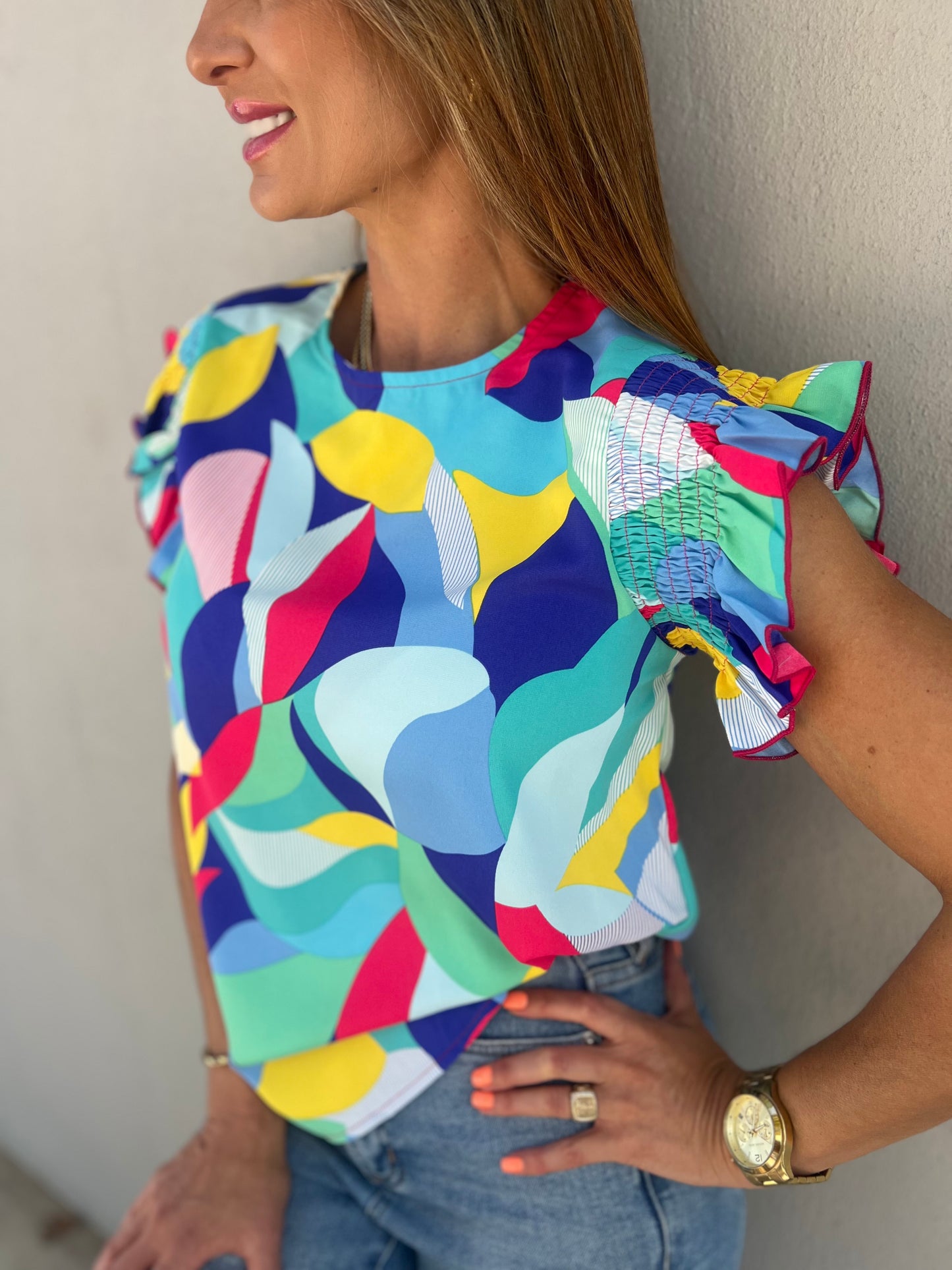 Evelyn Abstract Ruffle Sleeve Blouse