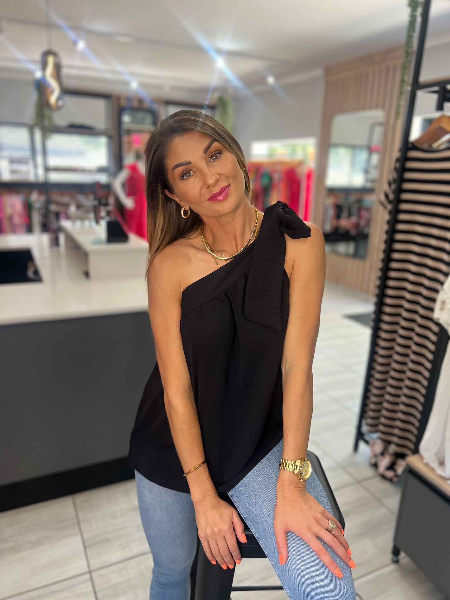 Black Asymmetric Knotted Blouse