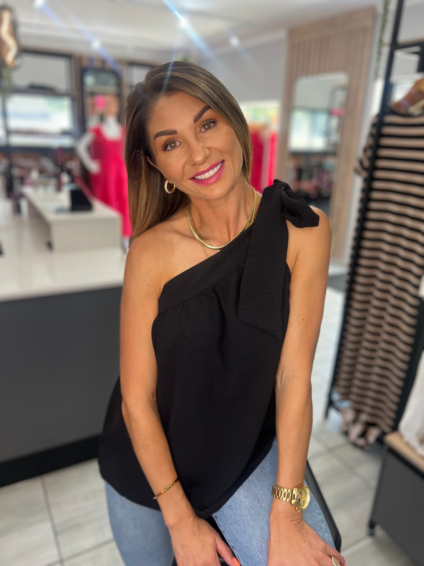 Black Asymmetric Knotted Blouse