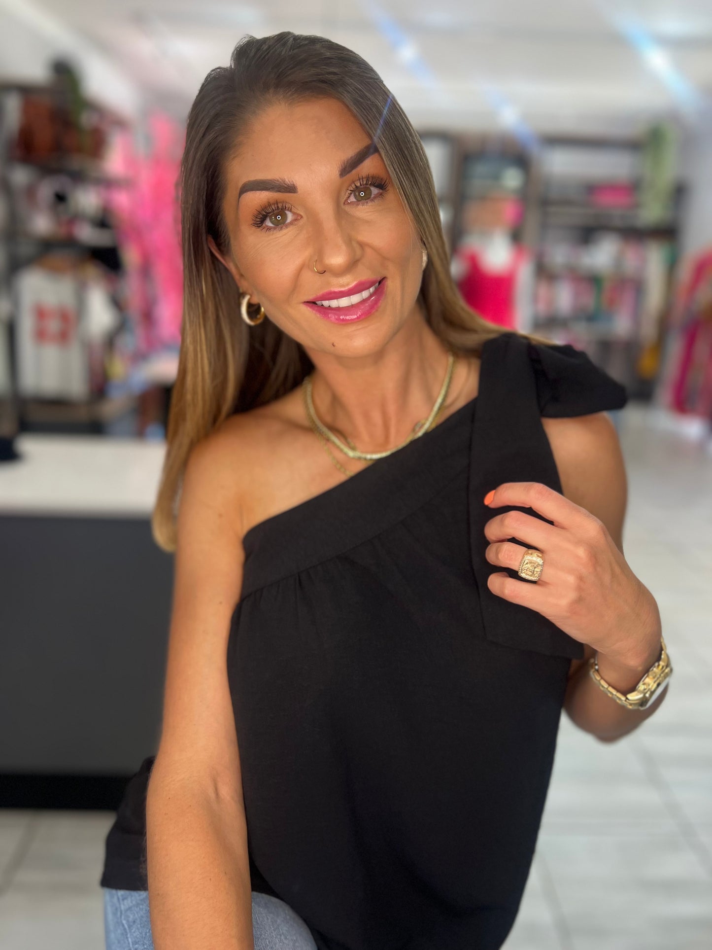 Black Asymmetric Knotted Blouse