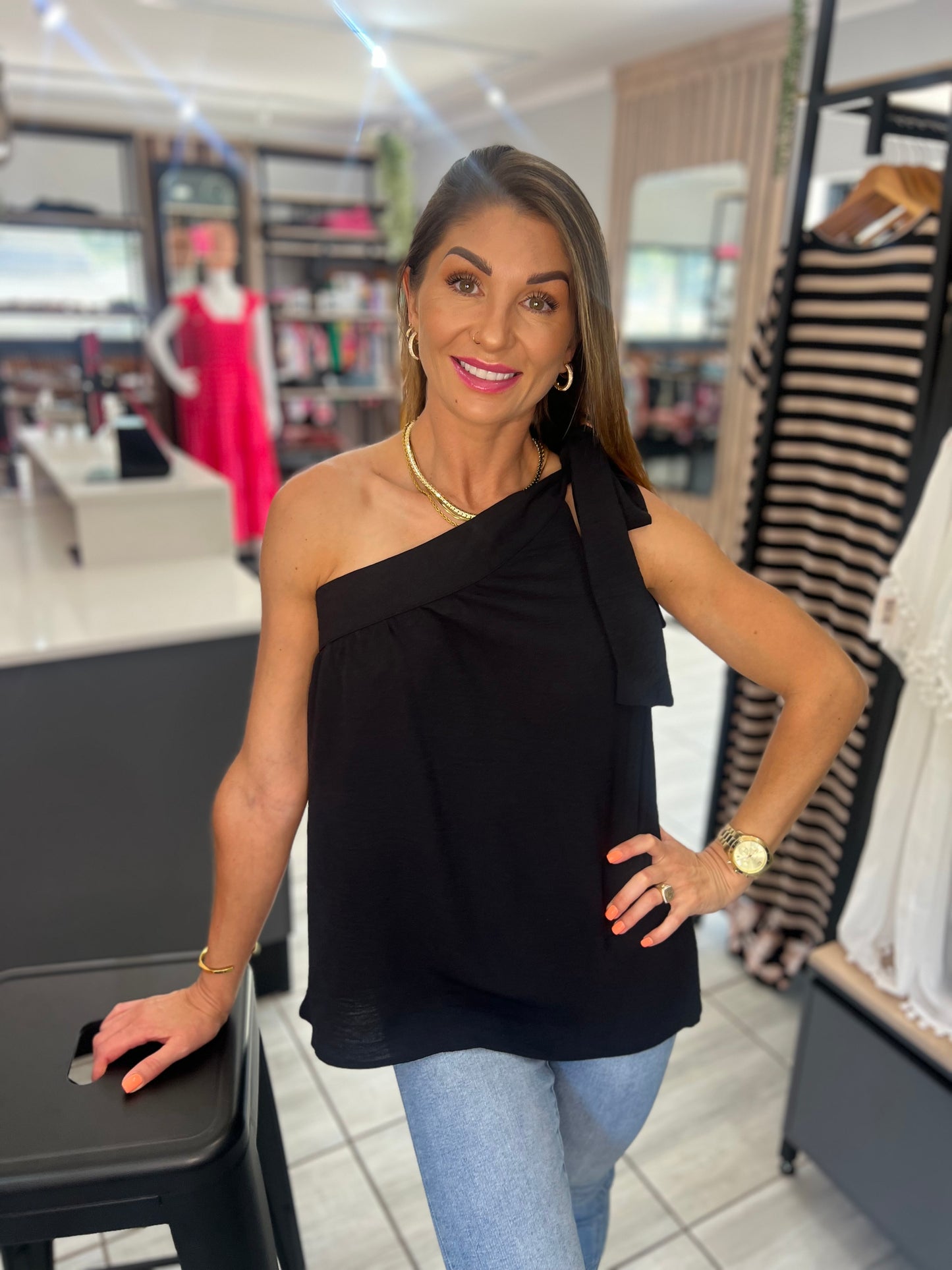 Black Asymmetric Knotted Blouse