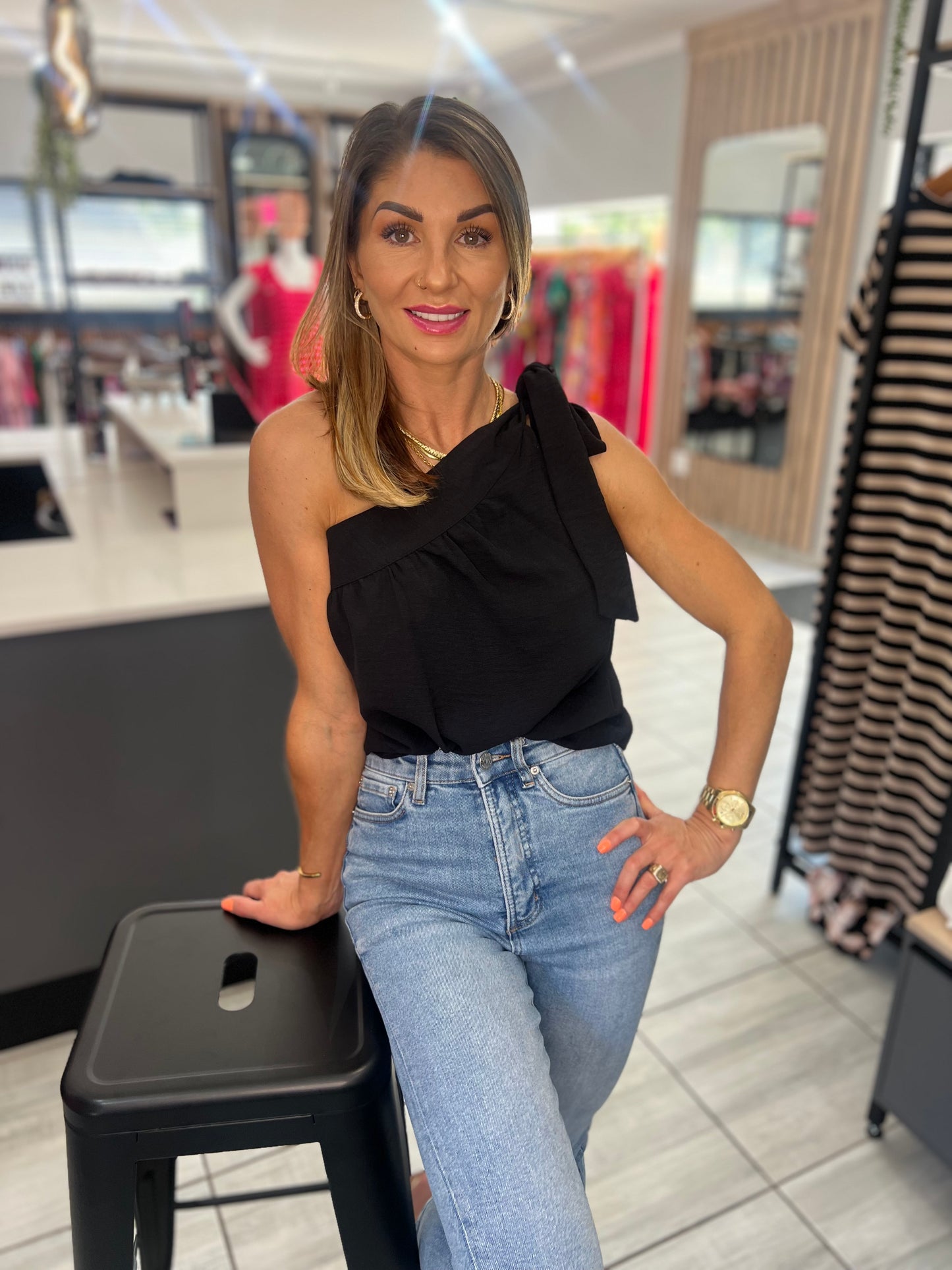 Black Asymmetric Knotted Blouse