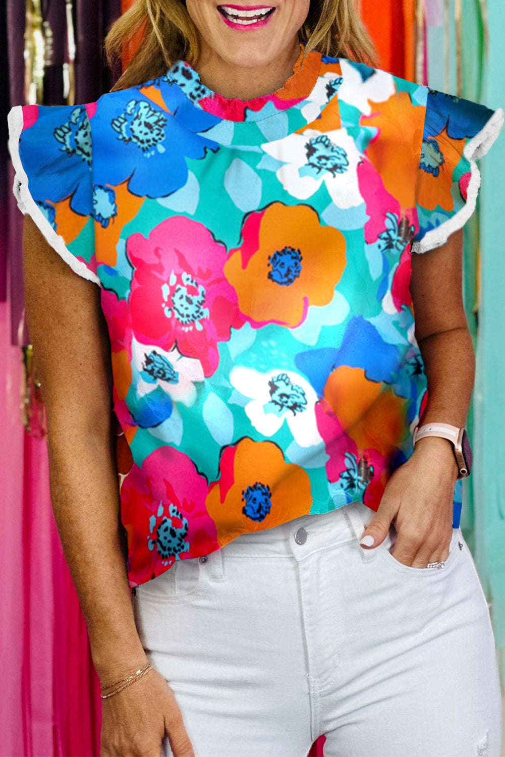 Multi Color Flower Print Flutter Sleeve Blouse