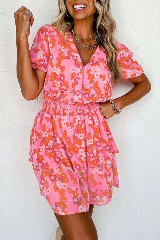 Shades Of Pink V-Neck Ruffle Short Dress