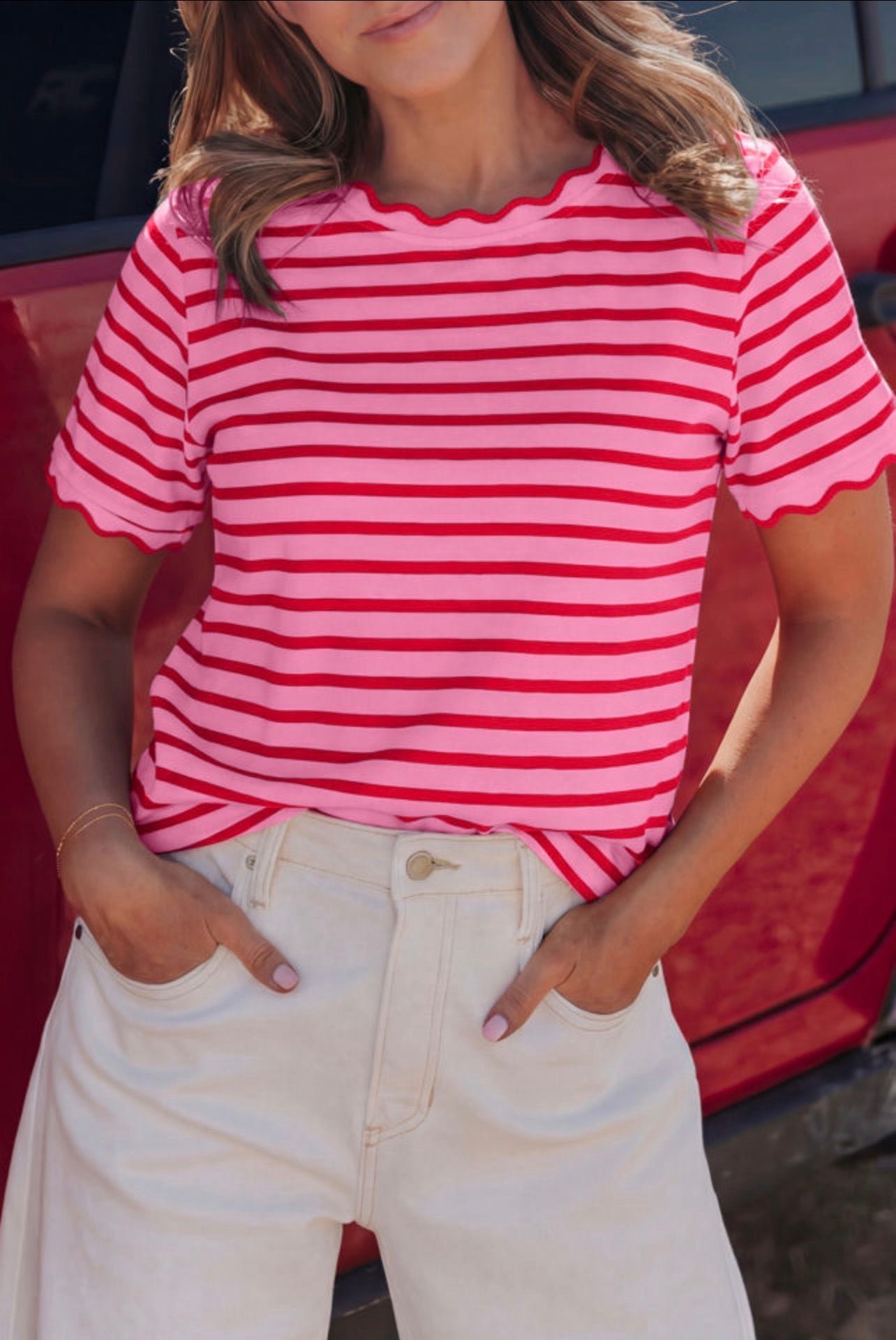 Sweetheart Strawberry Scalloped Trim Top