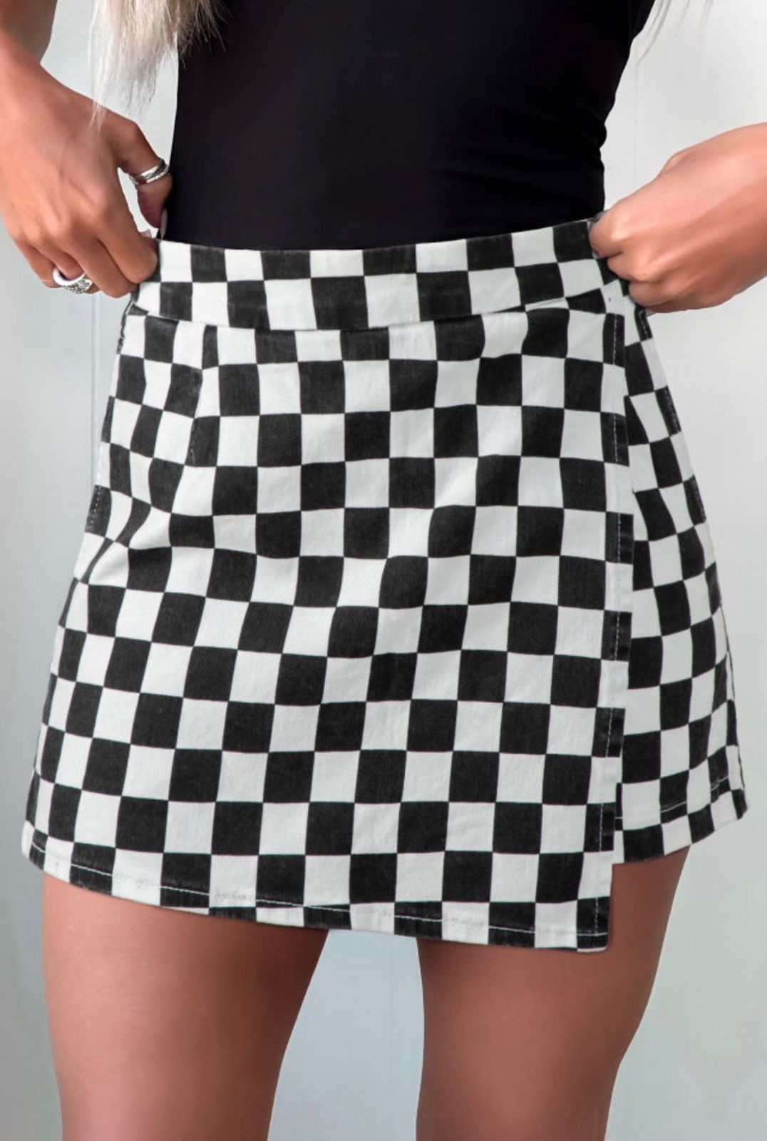 Domino Checkered Denim Shorts