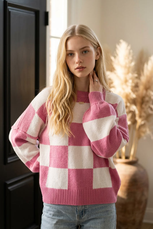 Candy Cloud Check Knit Sweater