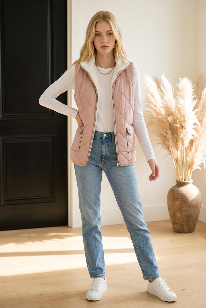 Snow Kiss Lined Quilted Pink Vest