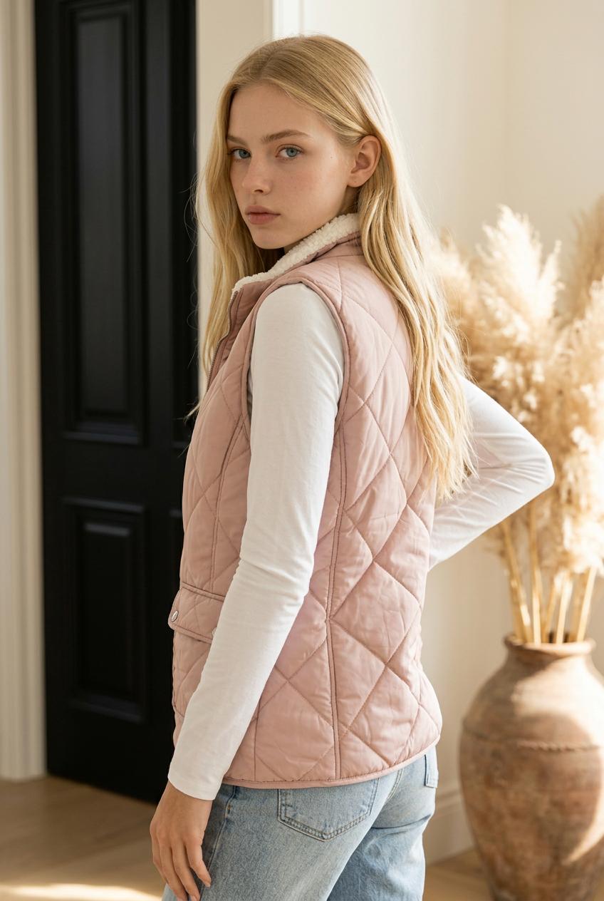 Snow Kiss Lined Quilted Pink Vest