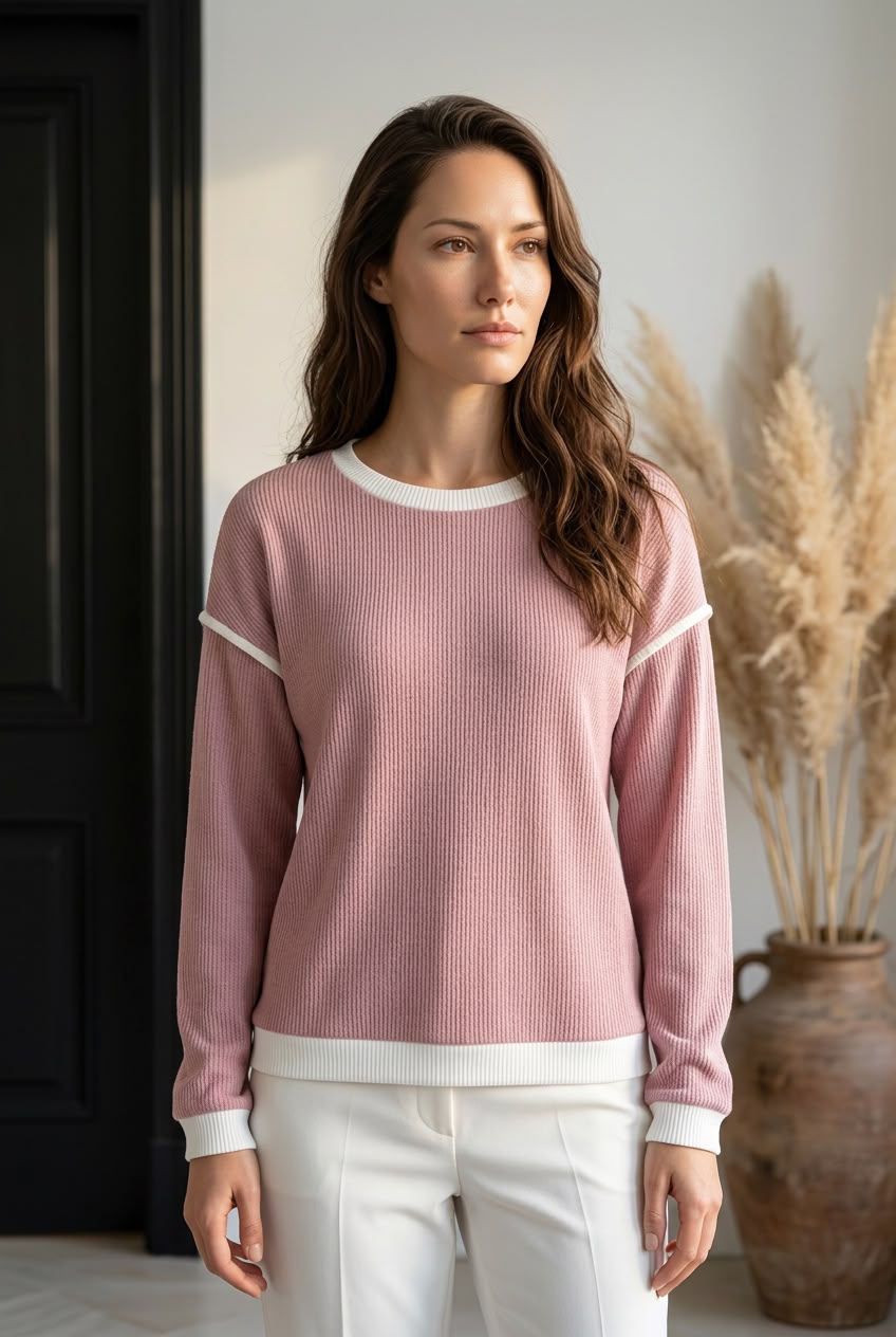 Soft Blush Contrast Trim Knit Long Sleeve Top
