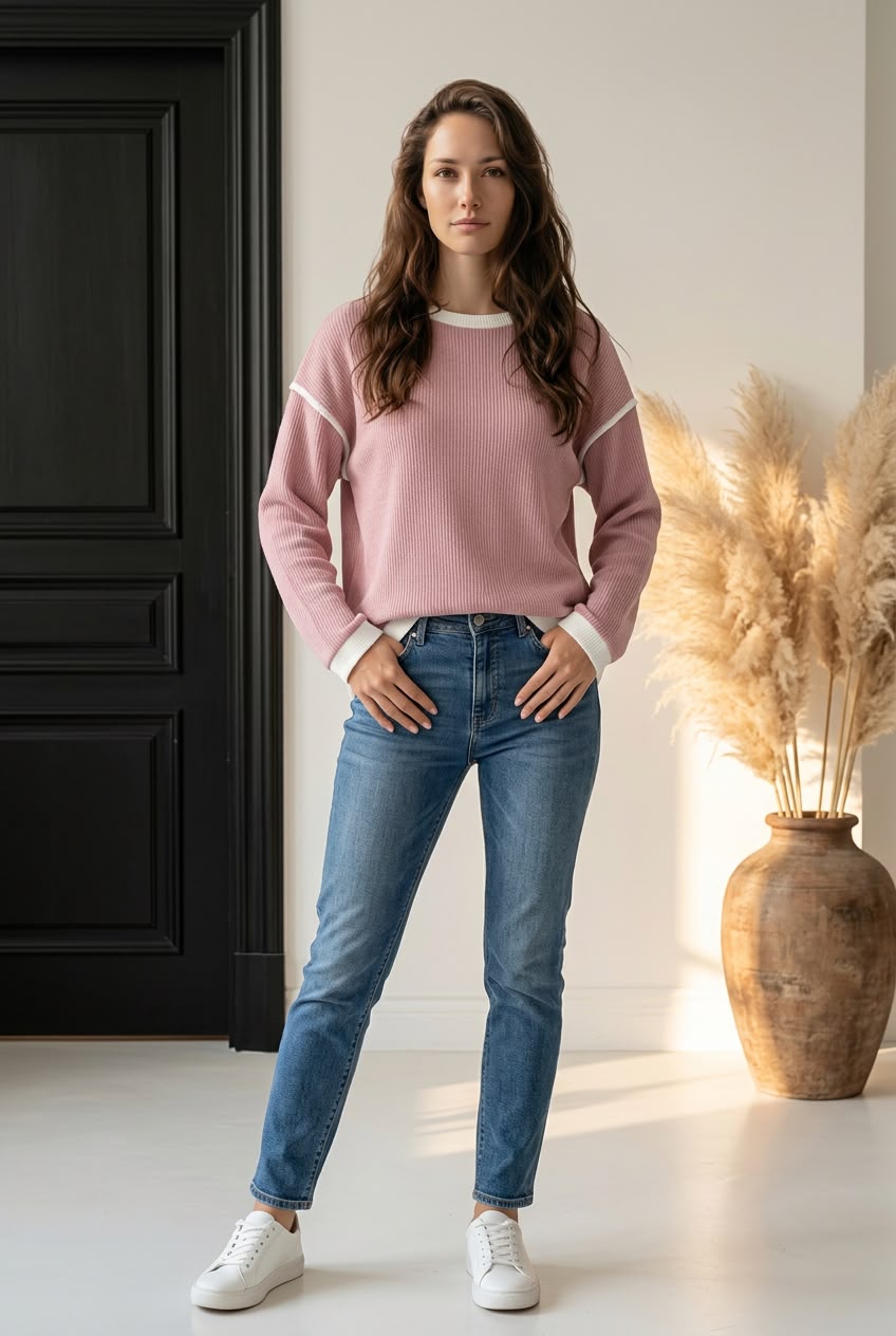 Soft Blush Contrast Trim Knit Long Sleeve Top