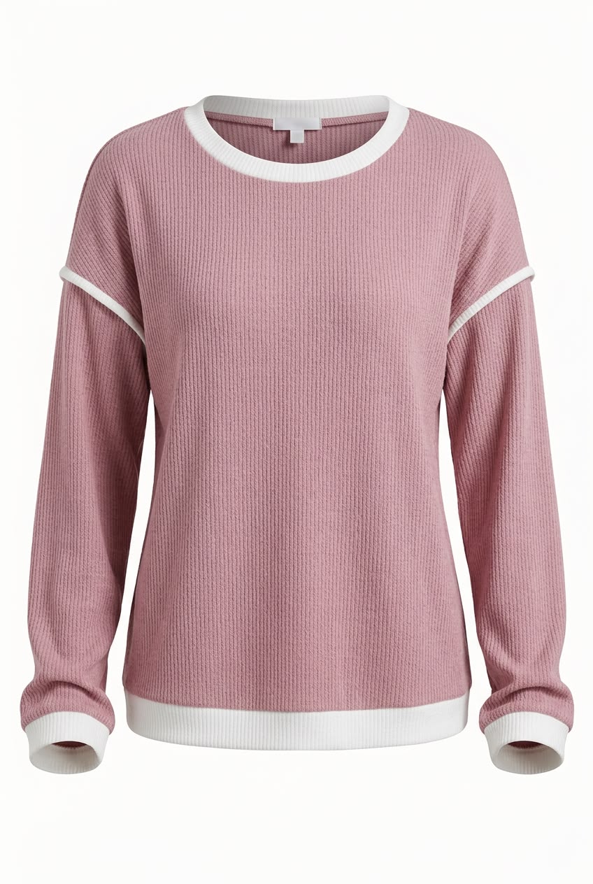 Soft Blush Contrast Trim Knit Long Sleeve Top