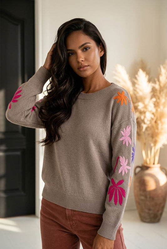 Petal Parade Embroidered Floral Sleeve Sweater